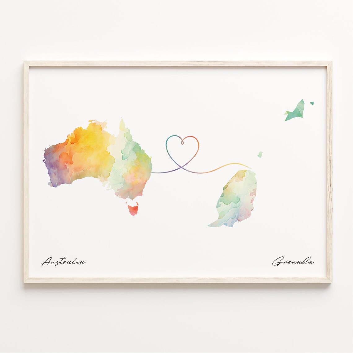 Australia Grenada Watercolor Long Distance Heart Map Art Poster