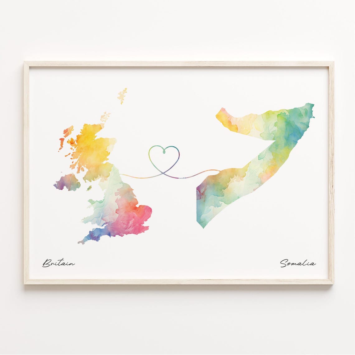 Britain to Somalia Watercolor Map with Heart Connection Art Poster