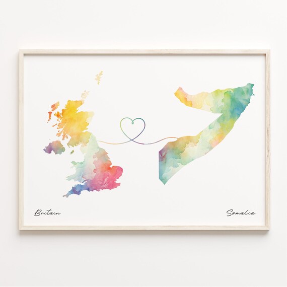 Britain to Somalia Watercolor Map with Heart Connection Art Poster