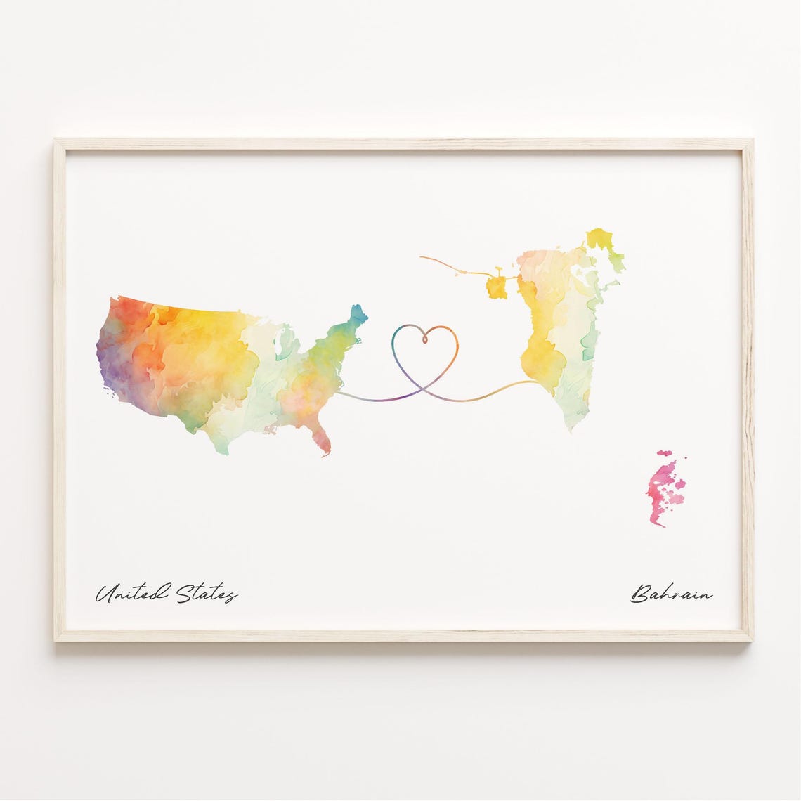 United States To Bahrain Watercolor Map Heart Connection Poster