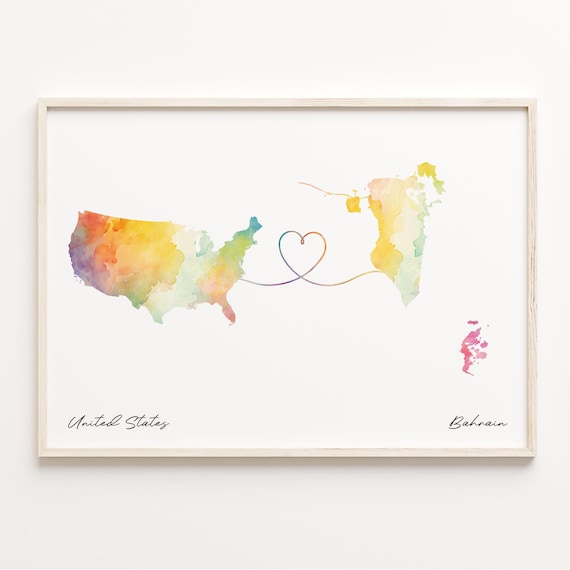 United States To Bahrain Watercolor Map Heart Connection Poster