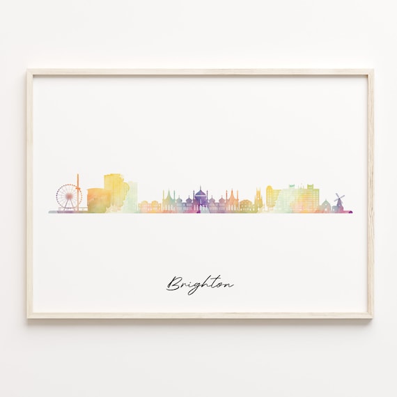 Brighton England Watercolor Skyline Seaside Cityscape Poster