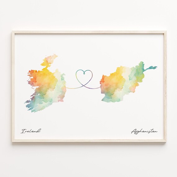 Ireland and Afghanistan Watercolor Heart Map Connection Poster