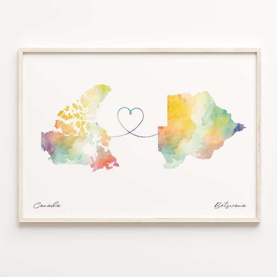 Canada To Botswana Watercolor Heart Map Long Distance Love Poster