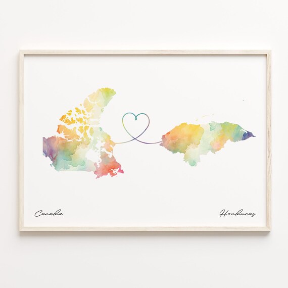 Canada Honduras Watercolor Heart Map Long Distance Love Print