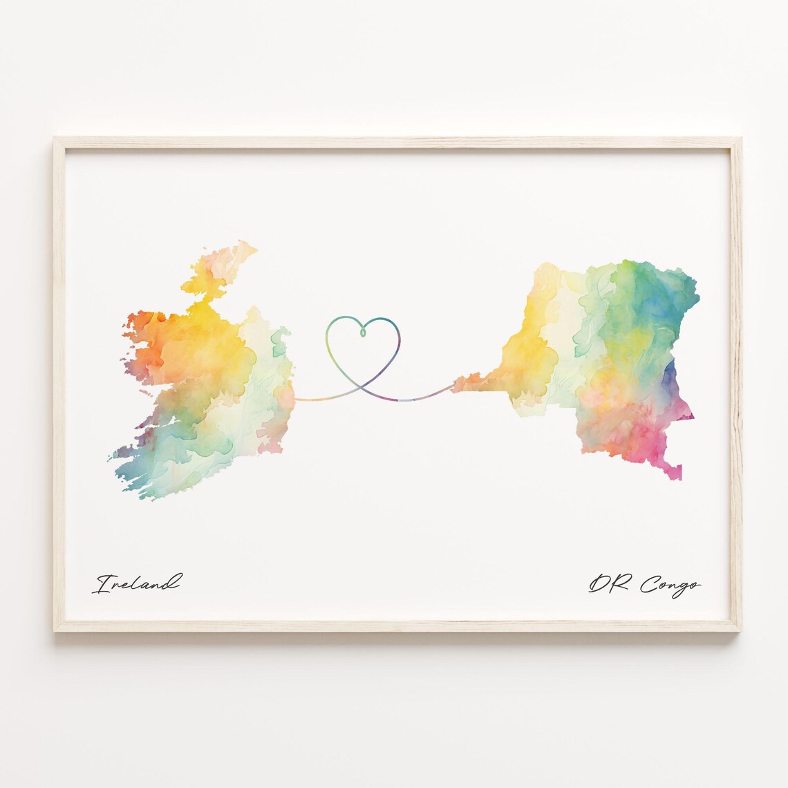 Ireland to DR Congo Watercolor Heart Map Love Connection Art Poster