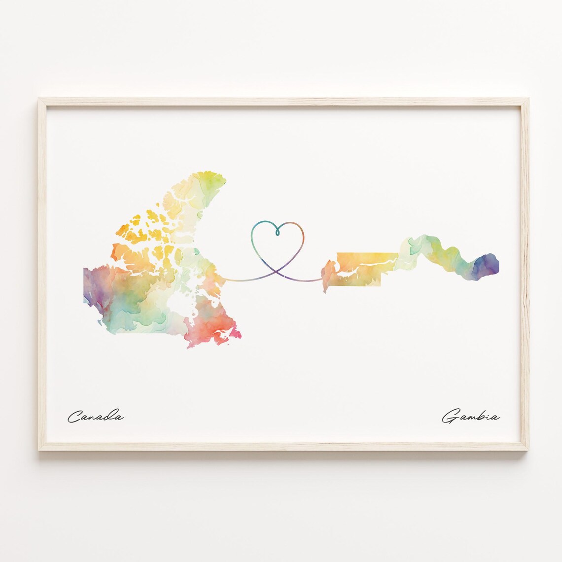 Canada To Gambia Romantic Watercolor Love Map Heart Connection Poster