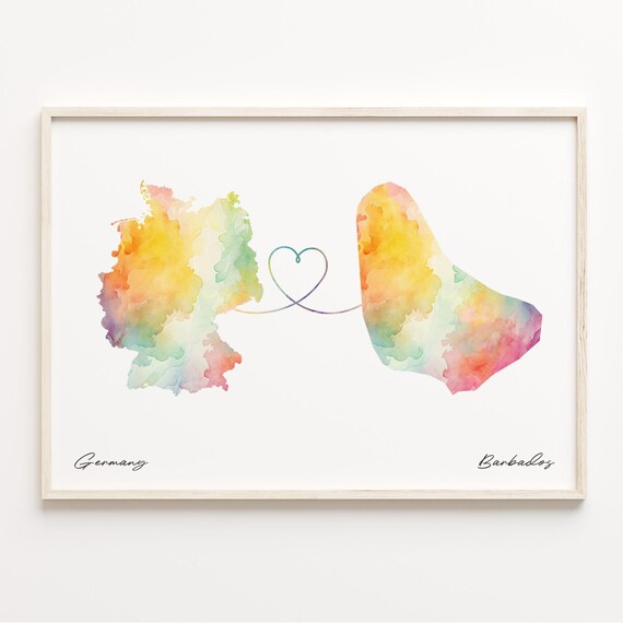 Germany to Barbados Watercolor Map Heart Connection Art Poster