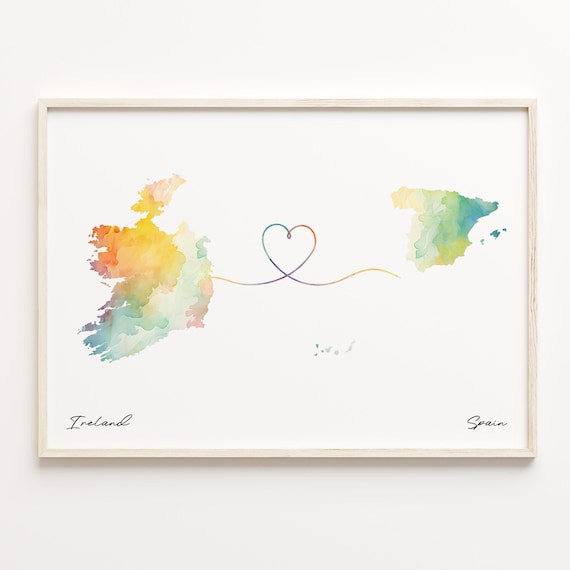 Ireland To Spain Watercolor Heart Map Long Distance Connection Wall Art
