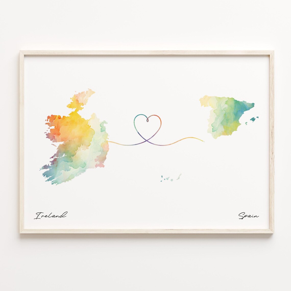 Ireland To Spain Watercolor Heart Map Long Distance Connection Wall Art