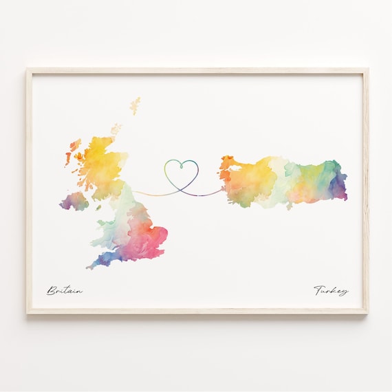 Britain to Turkey Watercolor Map with Heart Connection Poster