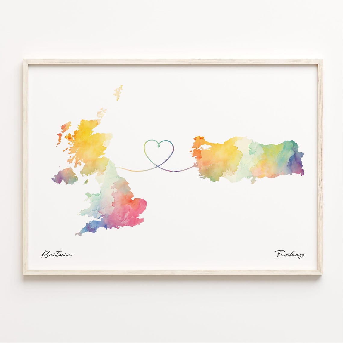 Britain to Turkey Watercolor Map with Heart Connection Poster