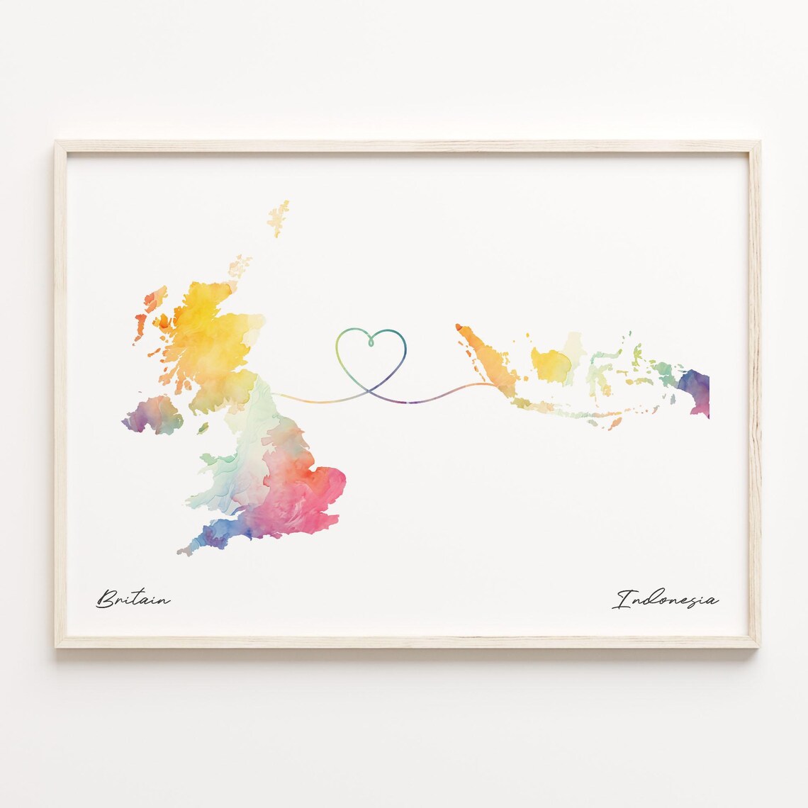 UK to Indonesia Watercolor Map, Travel Poster