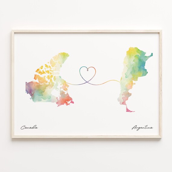 Canada To Argentina Watercolor World Map Heart Connection Gift Poster