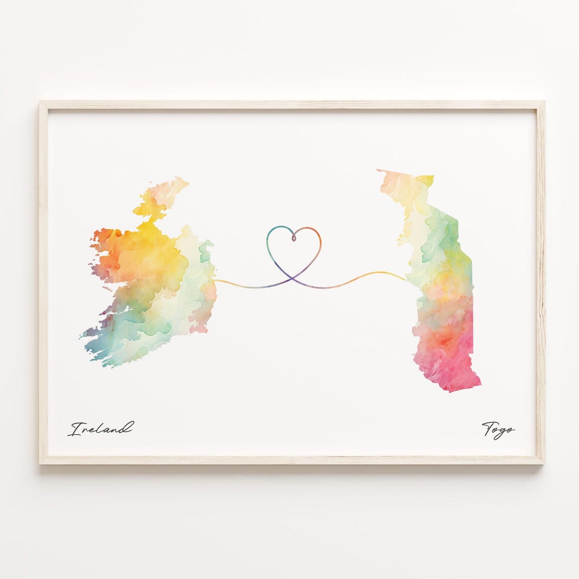 Ireland To Togo Watercolor Map Heart Connection Travel Gift Poster
