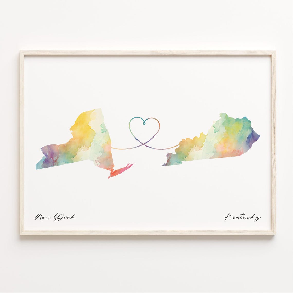 New York to Kentucky Watercolor State Map Heart Love Connection Poster