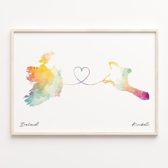 Ireland to Kiribati Watercolor Country Maps Heart Long Distance Love Print
