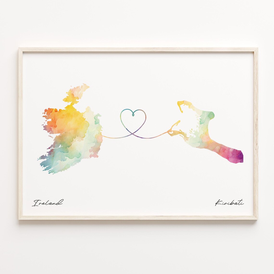 Ireland to Kiribati Watercolor Country Maps Heart Long Distance Love Print