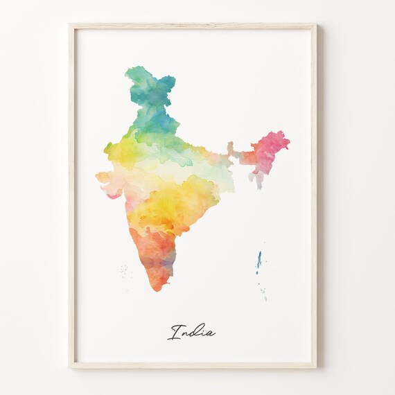 India Watercolor Country Map Vibrant Rainbow Wash Art Poster
