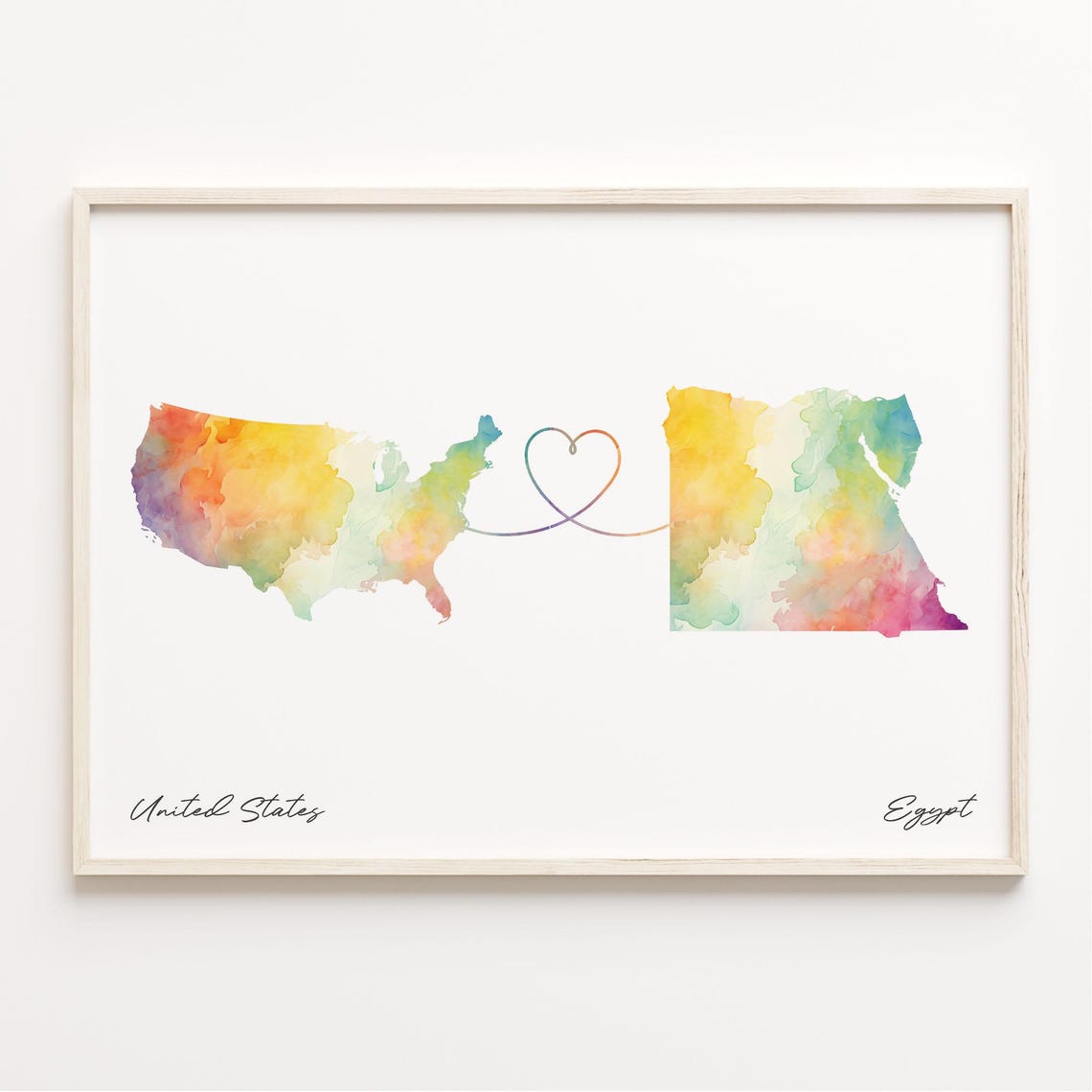 United States To Egypt Watercolor Map Wall Poster With Heart Love Gift
