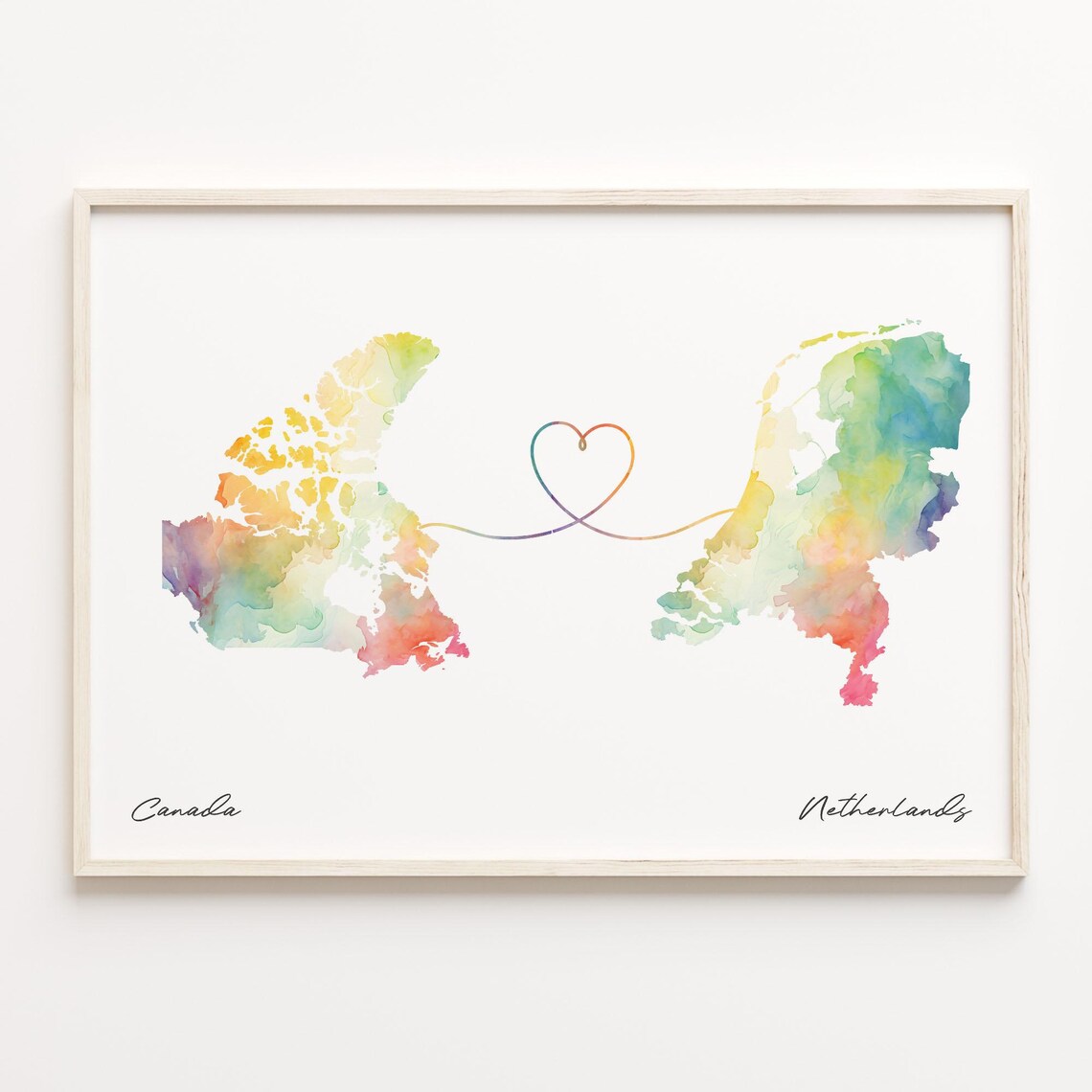 Canada to Netherlands Watercolor Map, Travel Poster