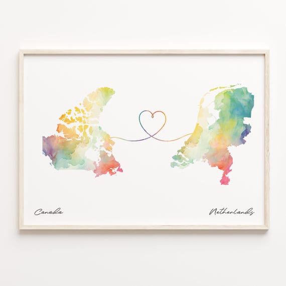 Canada to Netherlands Watercolor Map, Travel Poster