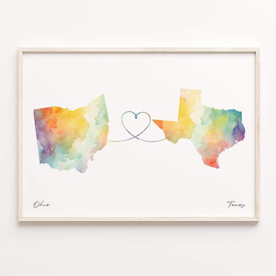 Ohio to Texas Watercolor Heart Map Long Distance Love Story Print