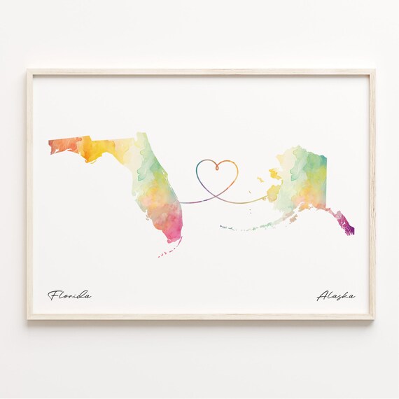 Florida to Alaska Watercolor State Map Heart Love Connection Poster