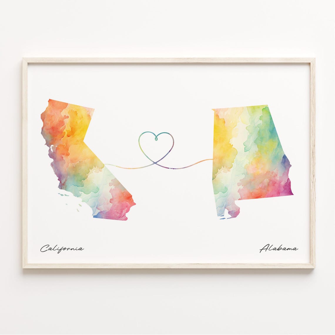 California to Alabama Watercolor Heart Map Long Distance Love Print