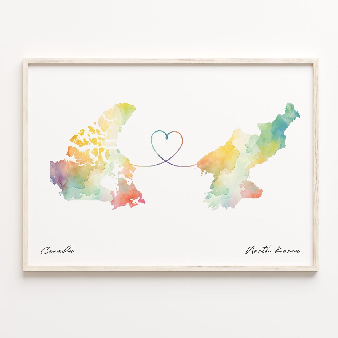Canada to North Korea Love Heart Watercolor Map Long Distance Poster