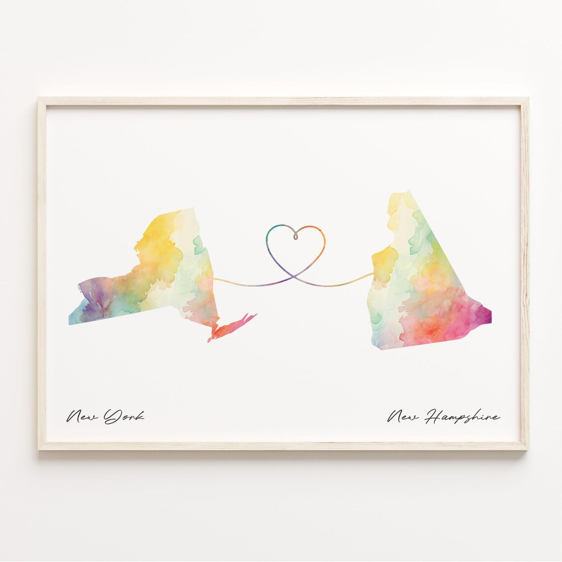 New York to New Hampshire Watercolor Map Long Distance Love Poster