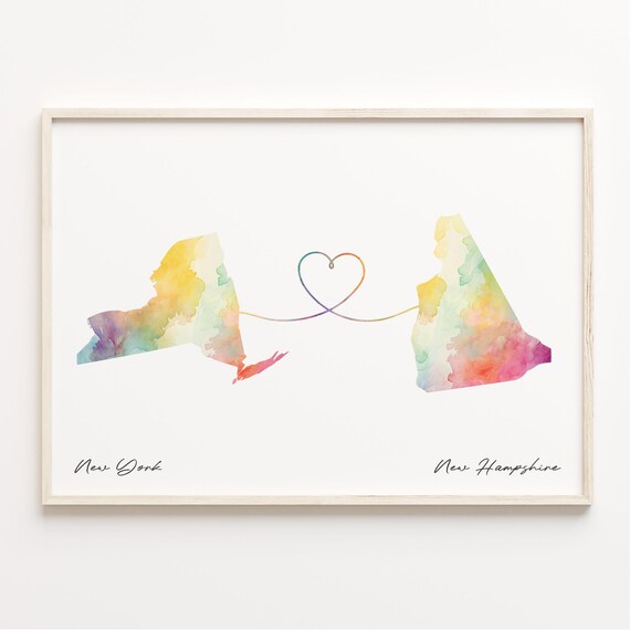 New York to New Hampshire Watercolor Map Long Distance Love Poster