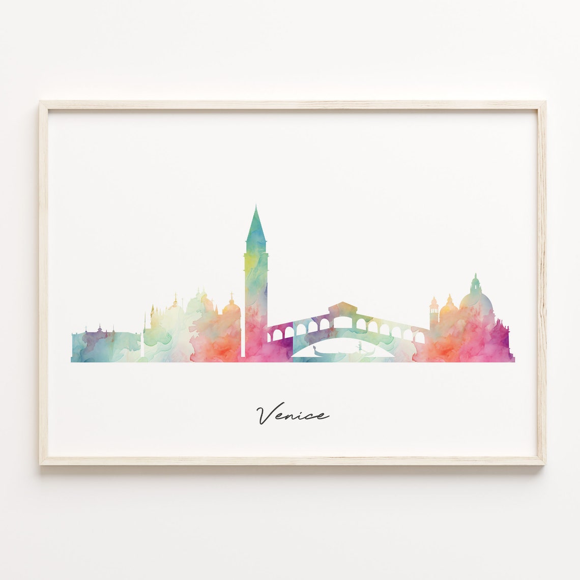 Venice Italy Watercolor Skyline Poster with Rialto Bridge View