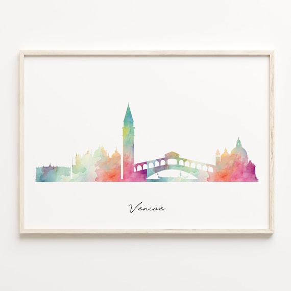 Venice Italy Watercolor Skyline Poster with Rialto Bridge View
