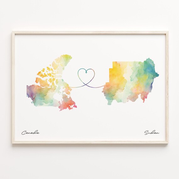 Canada to Sudan Watercolor Map Heart Long Distance Art Poster