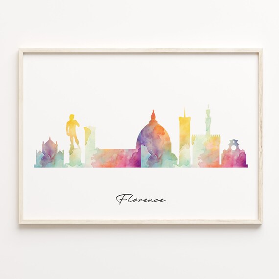 Florence Italy Watercolor Skyline Poster with Duomo Silhouette