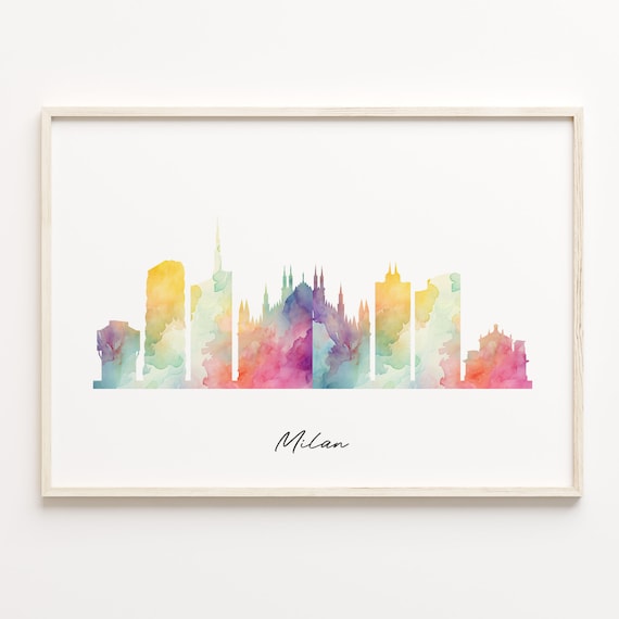 Milan Italy Watercolor Skyline Poster with Cathedral Silhouette
