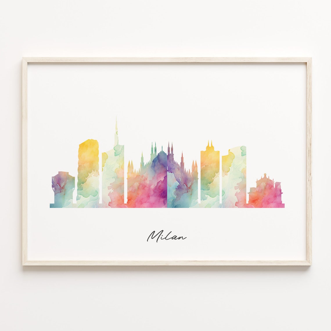 Milan Italy Watercolor Skyline Poster with Cathedral Silhouette