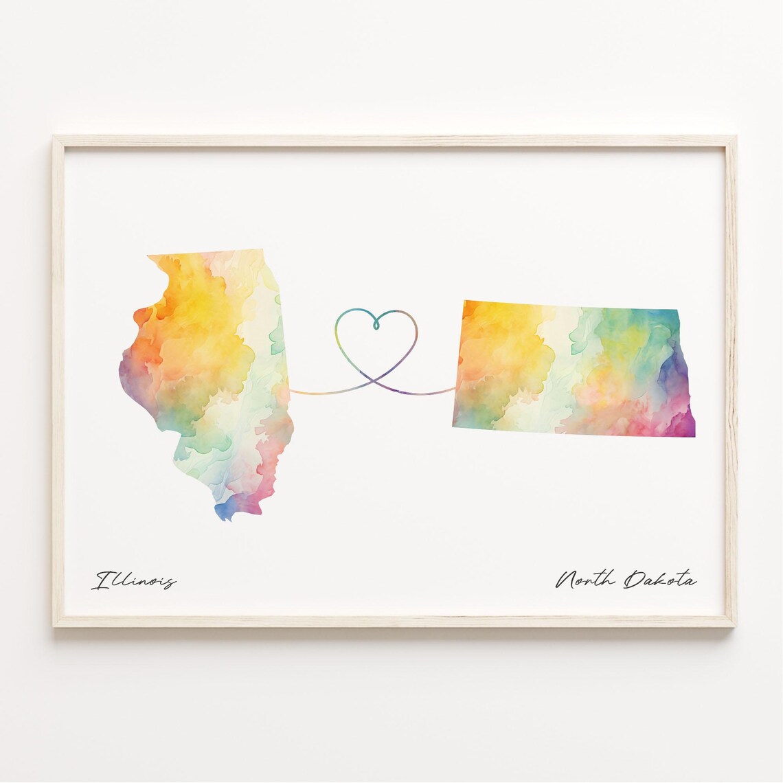 Illinois to North Dakota Watercolor Heart Map Long Distance Print