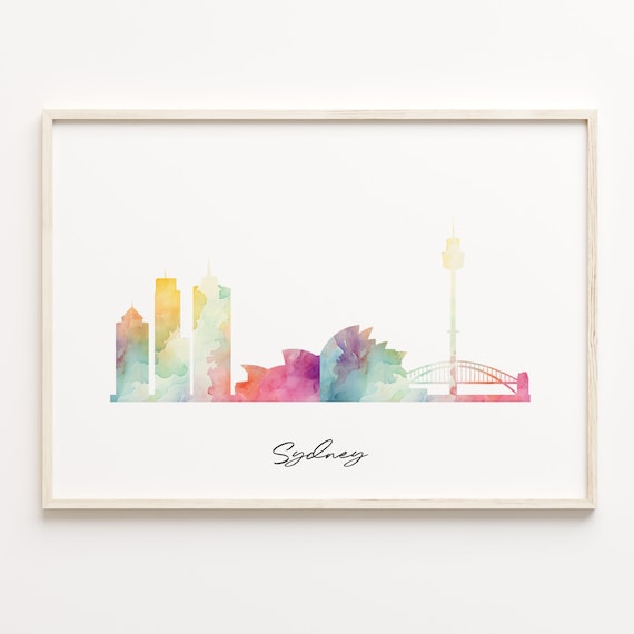 Sydney Watercolor Skyline Poster with Opera House Silhouette