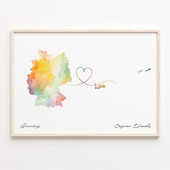 Germany To Cayman Islands Watercolor Heart Connection Map Poster
