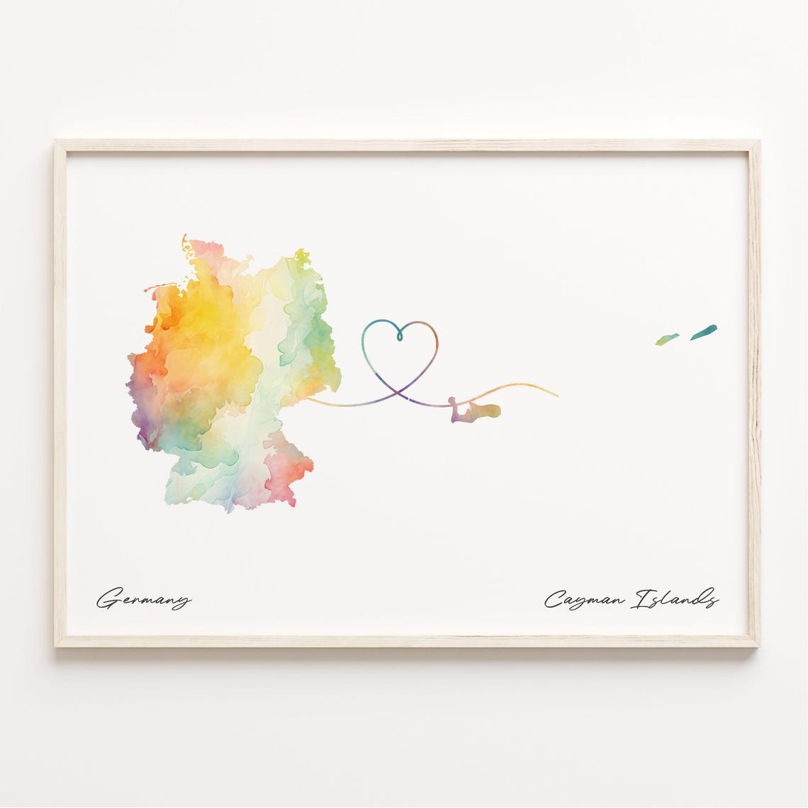 Germany To Cayman Islands Watercolor Heart Connection Map Poster