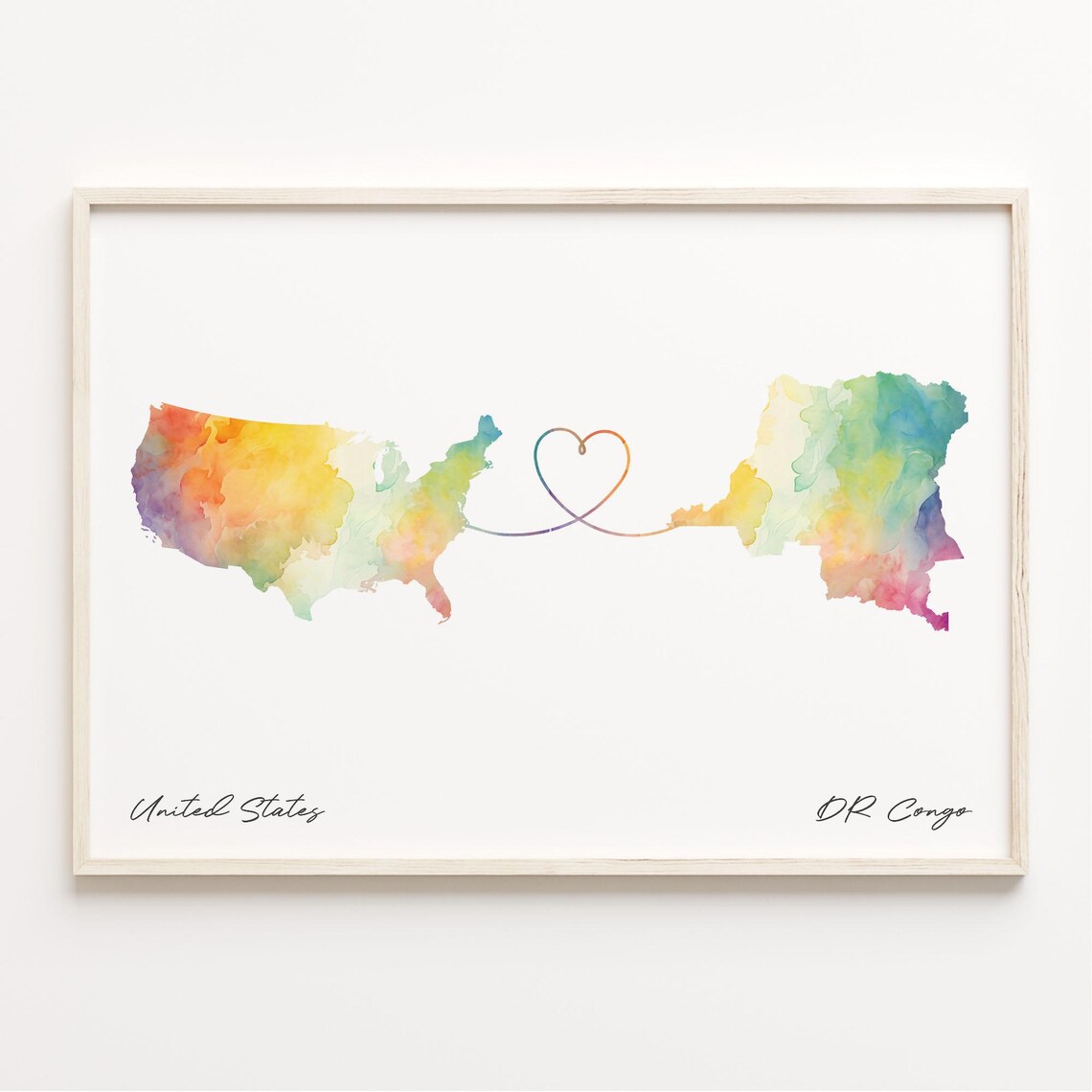United States To DR Congo Watercolor Love Heart Map Art Poster