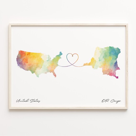 United States To DR Congo Watercolor Love Heart Map Art Poster