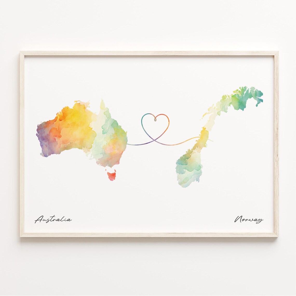 Australia To Norway Watercolor Map Heart Long Distance Love Poster