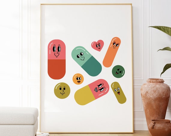 Happy Pills Retro Character Art Y2k Aesthetic Art Mental Health Art Print Retro Inspirational Art Retro Aesthetic Decor