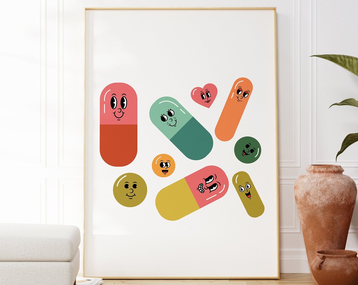 Happy Pills Cartoon Faces Retro Mental Health Fun Wall Poster