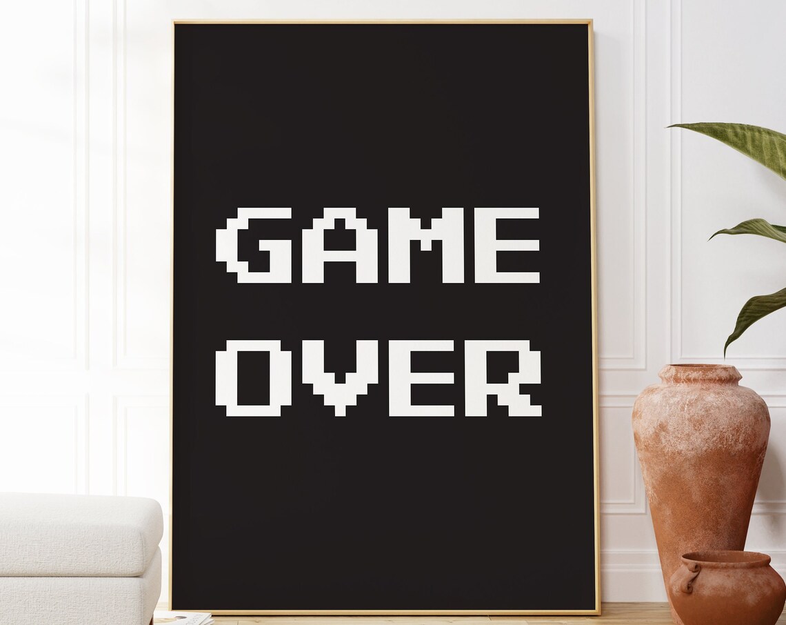 Game Over Video Game Art Poster, Black And White
