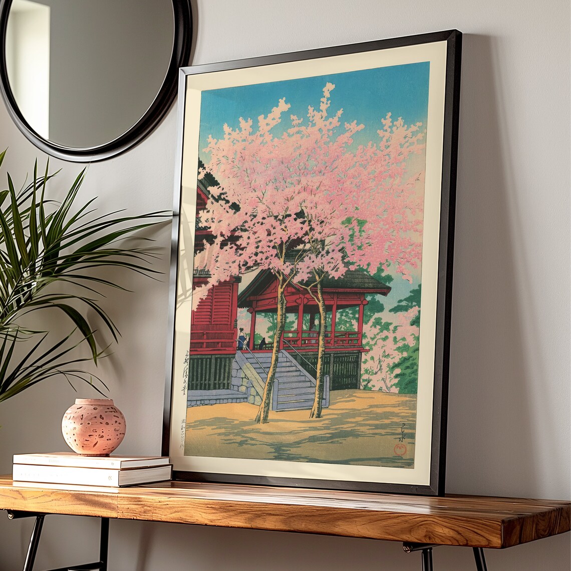 Kawase Hasui Cherry Blossom Temple Vintage Japanese Woodblock Print - Image 2