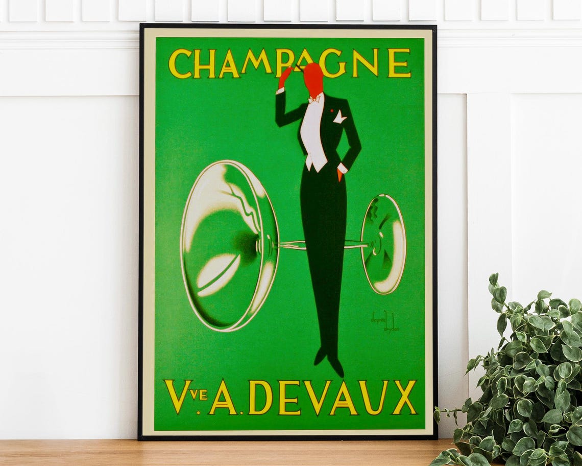 Vve A Devaux Champagne Art Deco Green French Advertising Poster